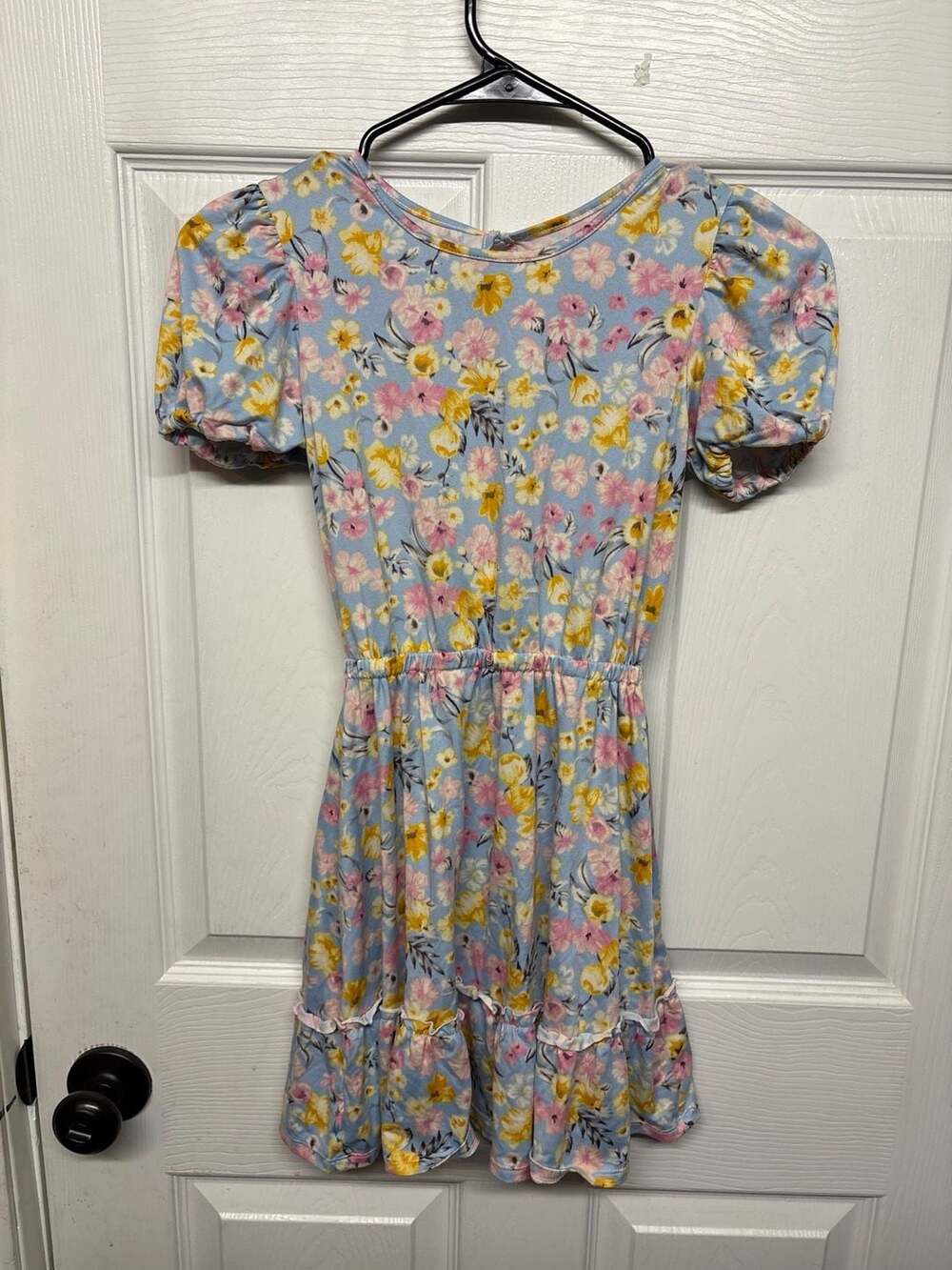 BCBG Girls Floral Dress Size 7/8 Blue Puff Sleeve Ruffle Hem